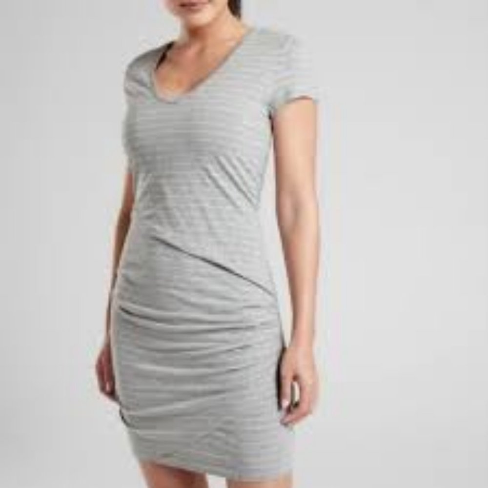 Athleta Gray White Striped Ruched Tee Shirt Dress